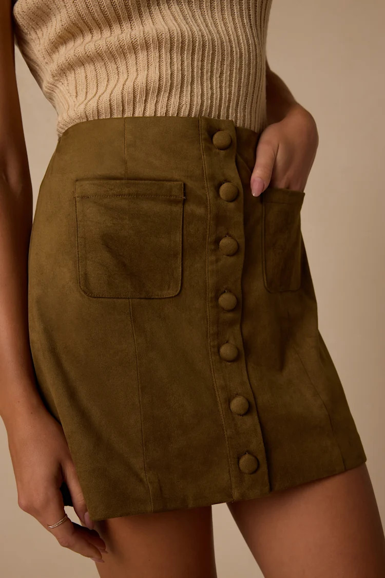 Earnshaw Olive Green Suede Button-Front Mini Skirt | Lulus