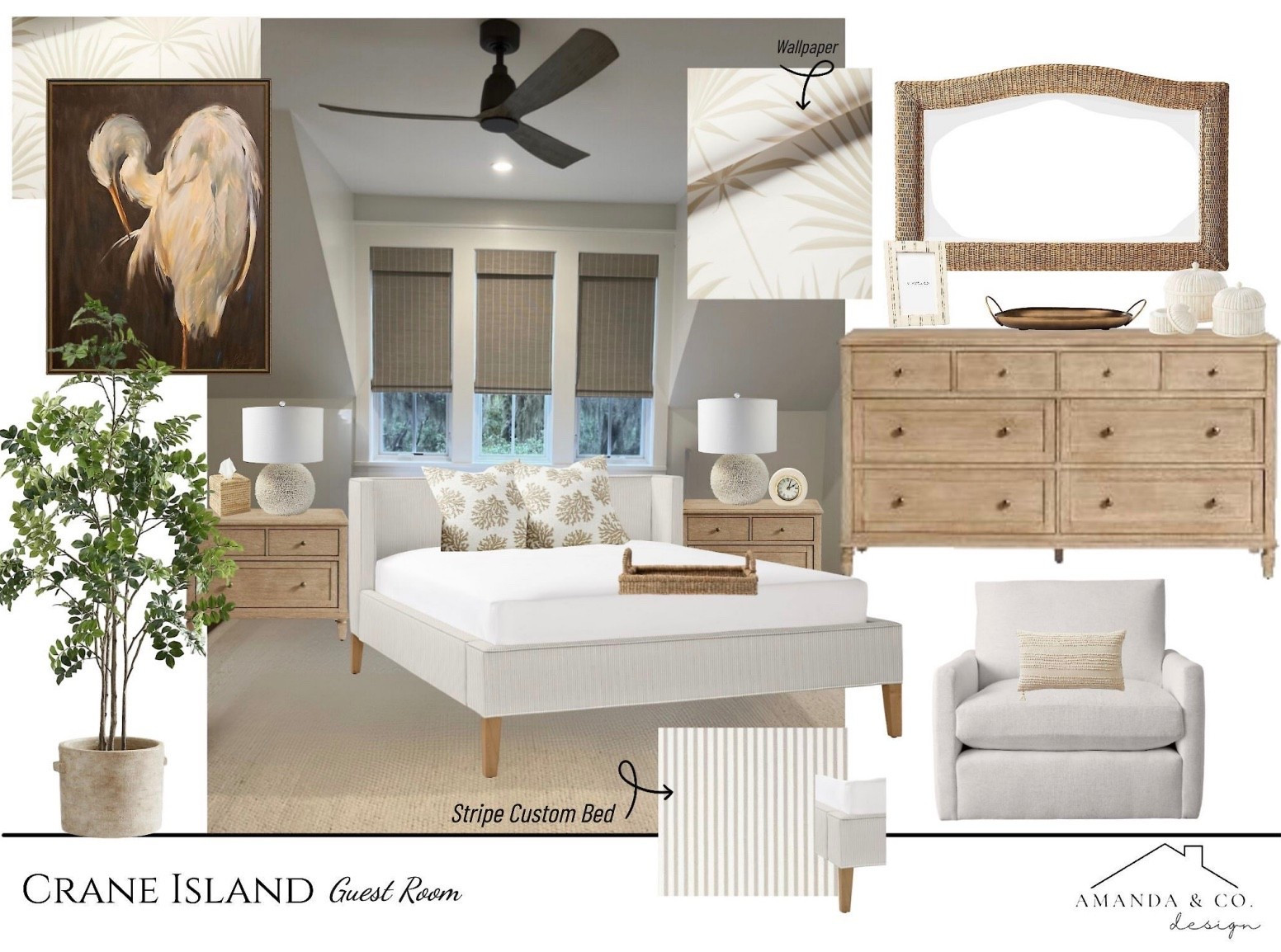Imagine welcoming guests into a space that feels effortless, coastal, and elevated. This Crane Island guest room design blends texture, warmth, and natural details for an unforgettable stay.

The striped custom bed sets the tone with subtle pattern and clean lines, while the woven dresser and nightstands add depth and natural texture. A rattan mirror brings in coastal charm, perfectly paired with the botanical wallpaper accent for a soft organic backdrop. The neutral swivel chair offers a cozy reading spot, and layered details like ceramic lamps, woven tray, and botanical pillows create that curated, resort-inspired finish.

✨ Shop the look and bring effortless coastal luxury into your own guest retreat today.

Serena & Lilly | Pottery Barn  | Anthropology | Arhaus | Studio McGee | Mongolia 

#guestroomdesign #coastalbedroom #neutralinteriors #curatedcoastal #effortlessstyle #homeinteriorinspo #coastallivingstyle 


#LTKTravel #LTKHome #LTKStyleTip