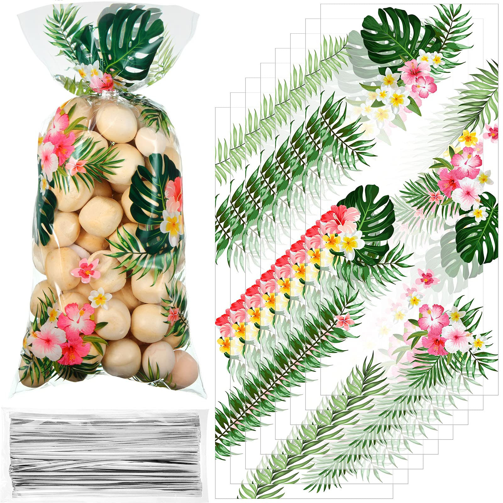 Geyee 100 pcs Hawaiian Luau Cellophane Treat Bags, Summer Tropical Aloha Themed Candy Palm Leaves... | Amazon (US)
