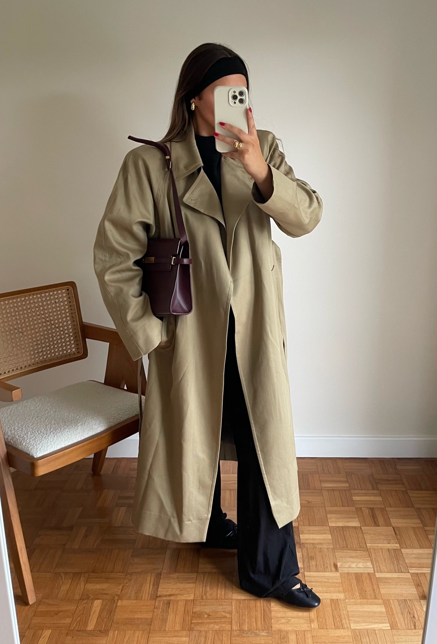 trench look burgundy autumn winter style ballet flats