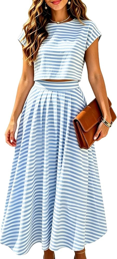 Womens 2 Piece Skirts Sets Striped Cap Sleeve Cropped Tops Elastic Waist Midi Dress Lounge Travel... | Amazon (US)