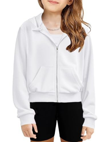 Arshiner Kids Hoodies for Girls Classic Solid White Sweatshirt Full Zip Up Hoodie White Zip Up Hoodie For Girls 10-12 | Amazon (US)