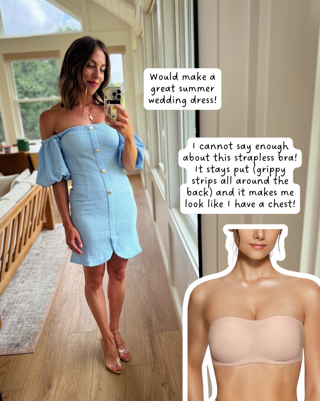 Blue dresses from target, the best strapless bra, and clear heels. Dress fit TTS. I linked my shapewear I love