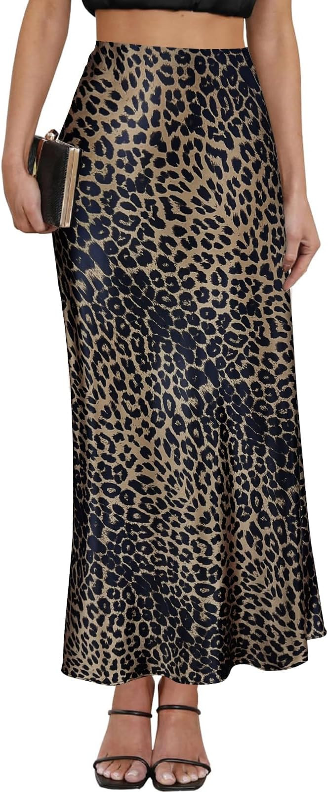 Women's Leopard Print Satin Maxi Skirt High Waisted Elastic Waistband Silk A-Line Casual Party 20... | Amazon (US)