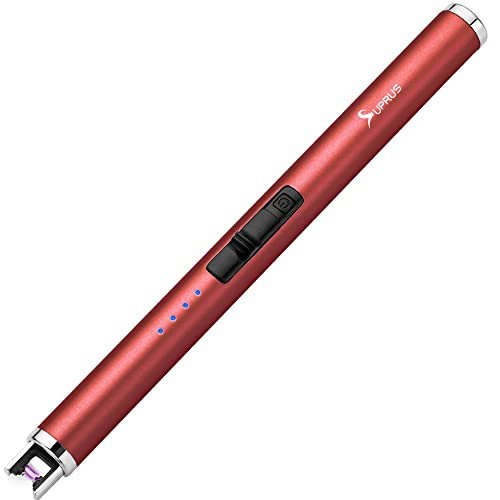 SUPRUS Electric Lighter Candle Type C Rechargeable Lighter with Upgraded LED Battery Display Safety Switch Flameless Plasma Windproof for Candle Cooking BBQs Fireworks (Red) | Amazon (US)