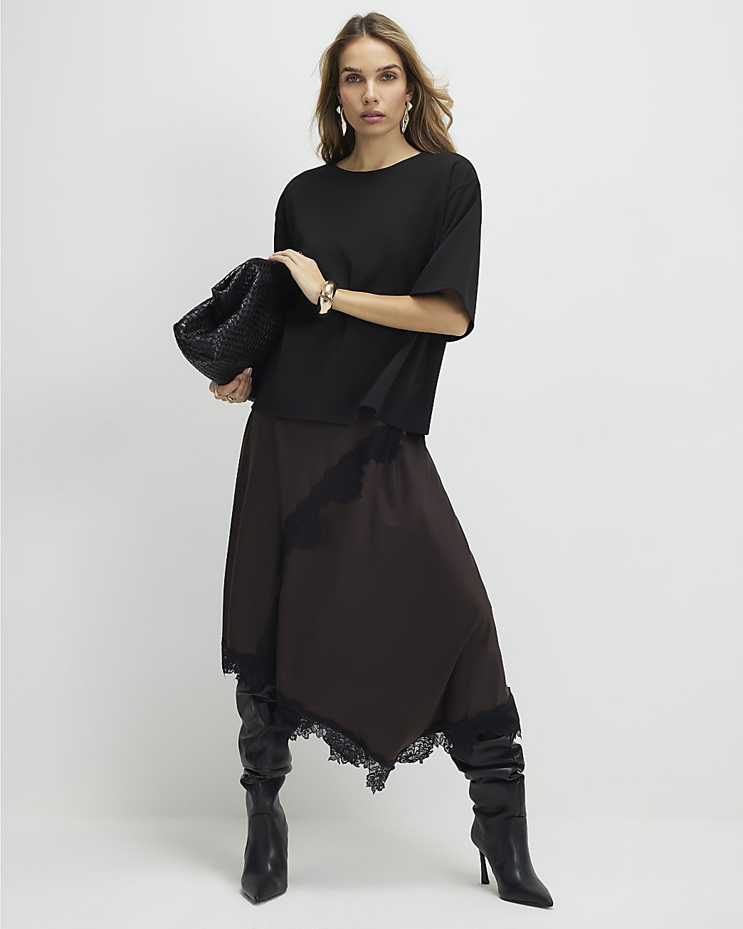 Brown Lace Hybrid T-Shirt Maxi Dress | River Island UK & IE