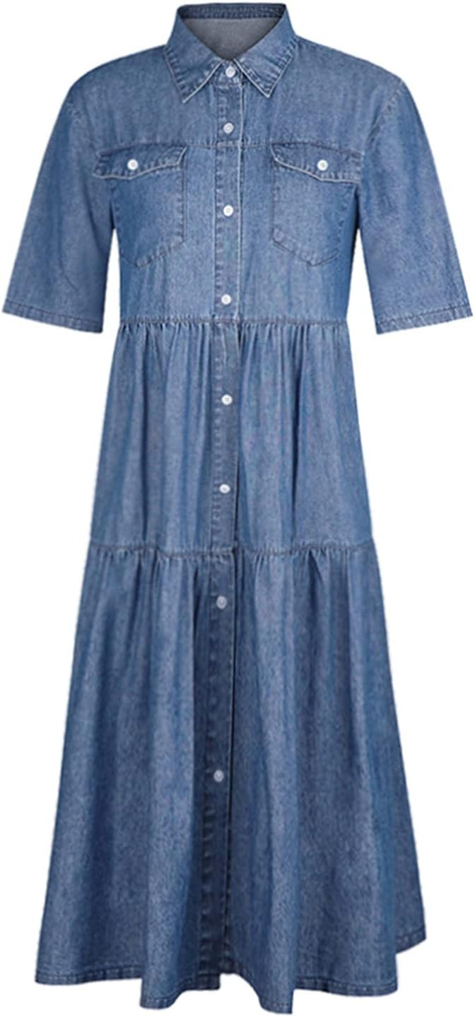 Abito estivo da donna a maniche corte con bottoni in denim lungo e casual, vestibilità ampia, ma... | Amazon (IT)