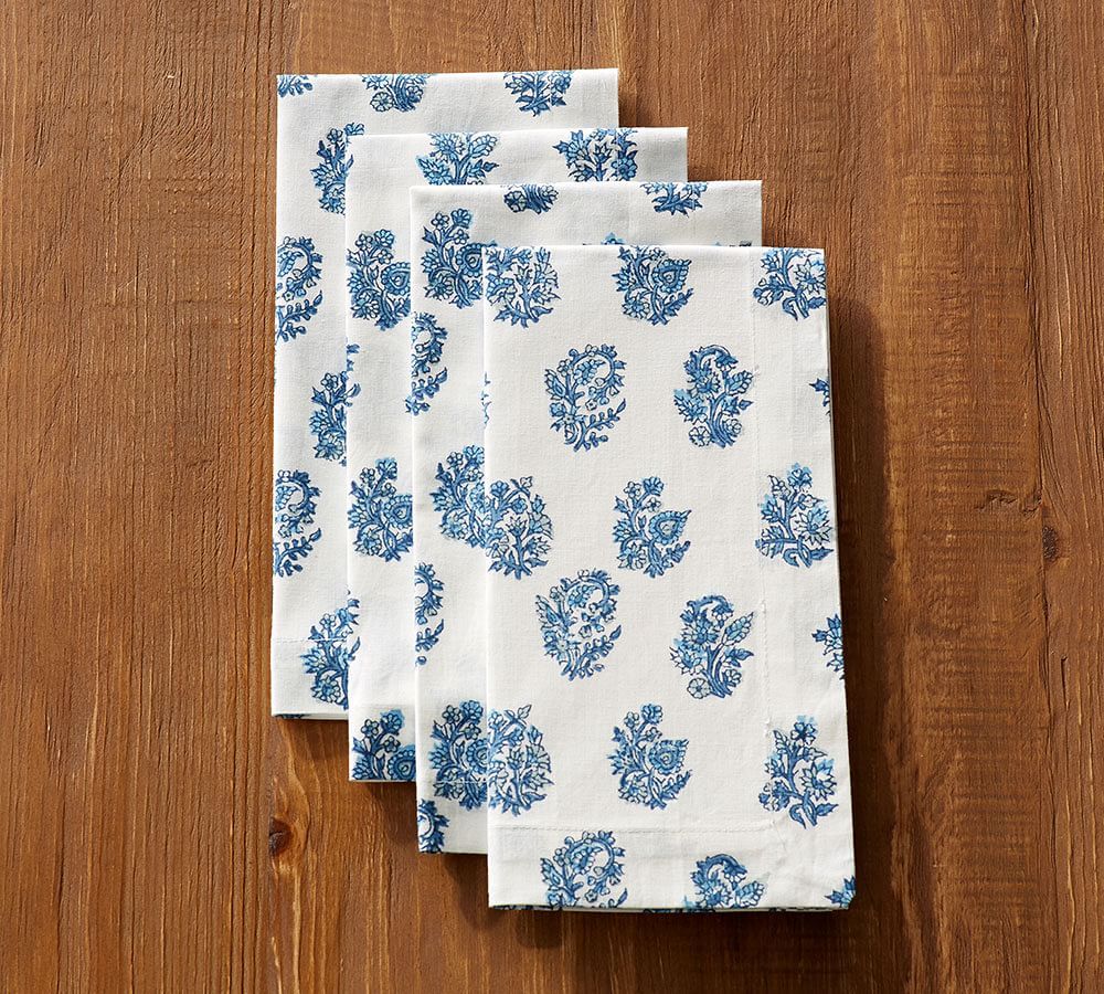 Sophia Floral Block Print Cotton Napkins, Set of 4 - Blue | Pottery Barn (US)