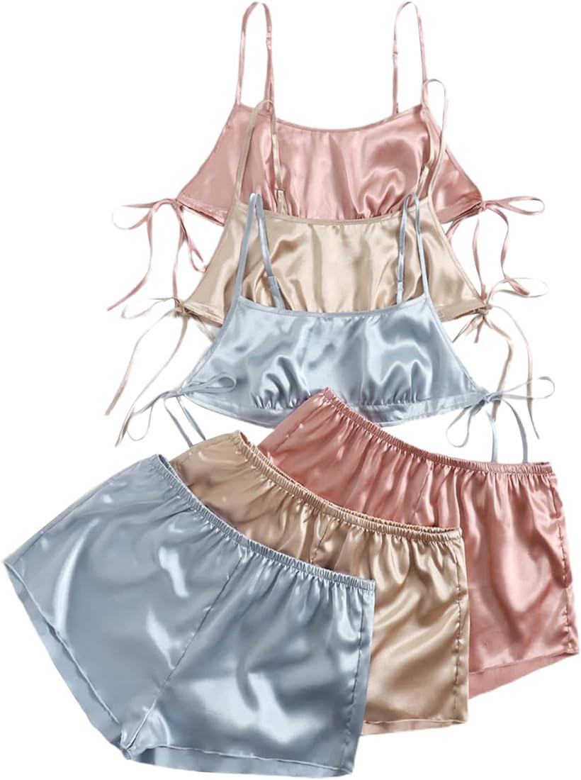 SheIn Women's 3 Sets Tie Side Satin Lounge Set Sleeveless Crop Cami and Elastic Waist Shorts Slee... | Amazon (US)