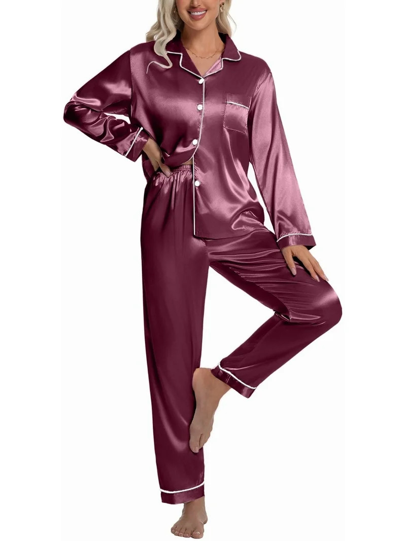 DAKIMOE Sleepwear Womens Silky Satin Pajamas Set Long Sleeve Nightwear Loungewear, Wine Red, S - ... | Walmart (US)