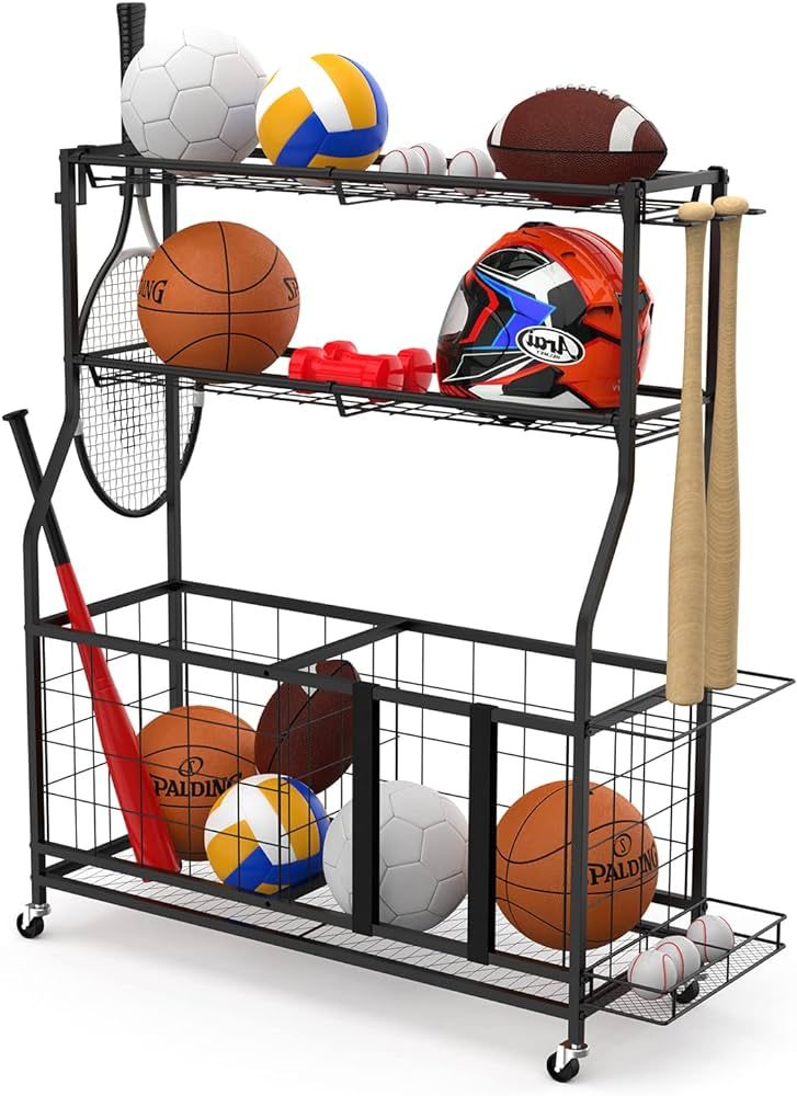 LIFXIZE Ball Storage, Garage Organizer with Baskets and Baseball Hook, Playground Ball Racks with... | Amazon (US)