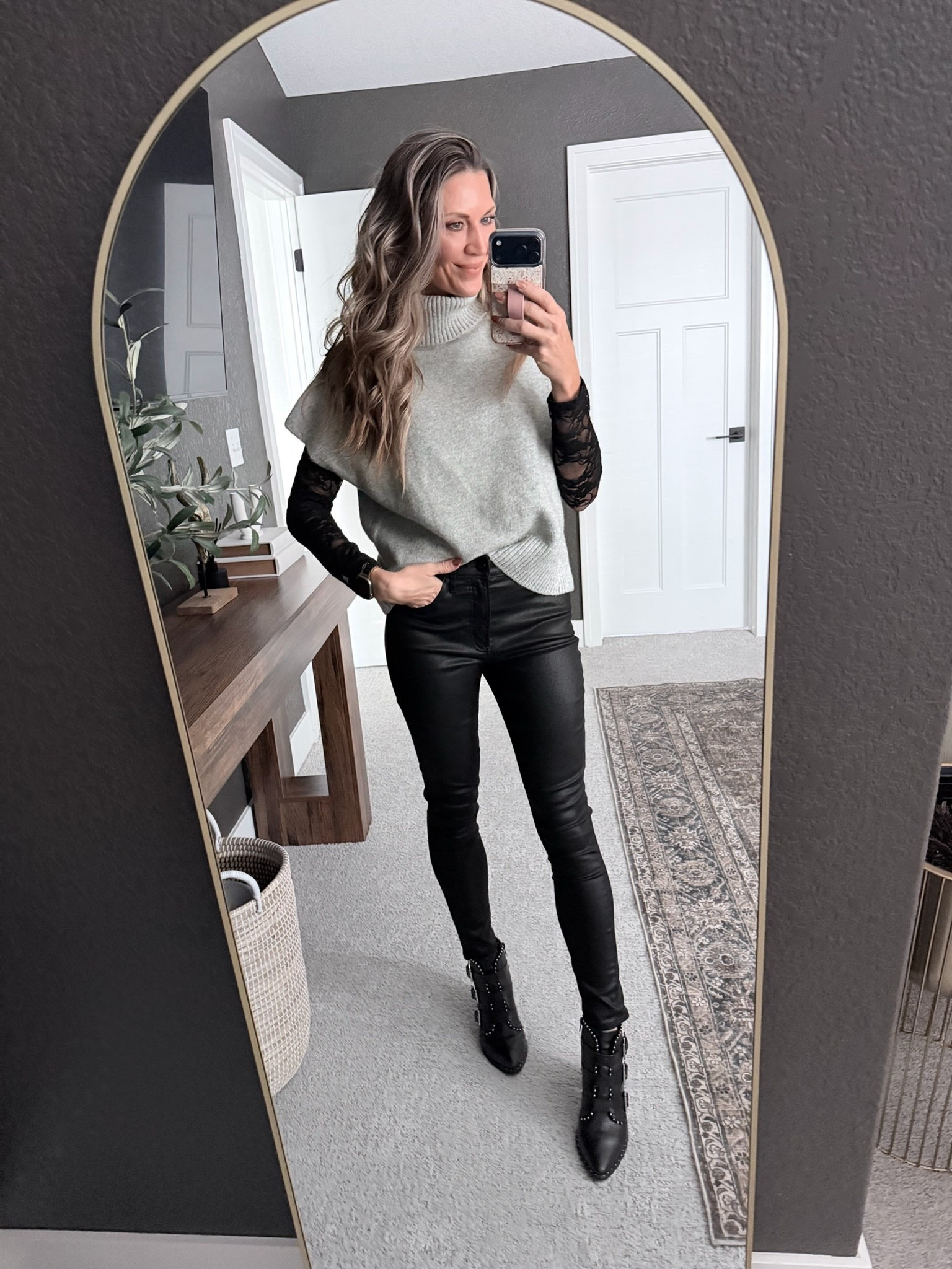 Nothing elevates a look faster than slipping into black faux-leather skinny jeans.

My boots are old Steve Madden and no longer sold! 

#LTKFindsUnder100 #LTKOver40 #LTKootd