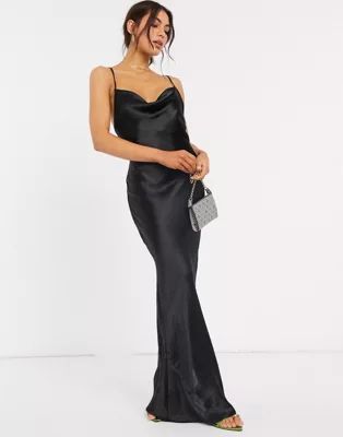 ASOS DESIGN cami maxi slip dress in high shine satin with lace up back in black | ASOS (Global)