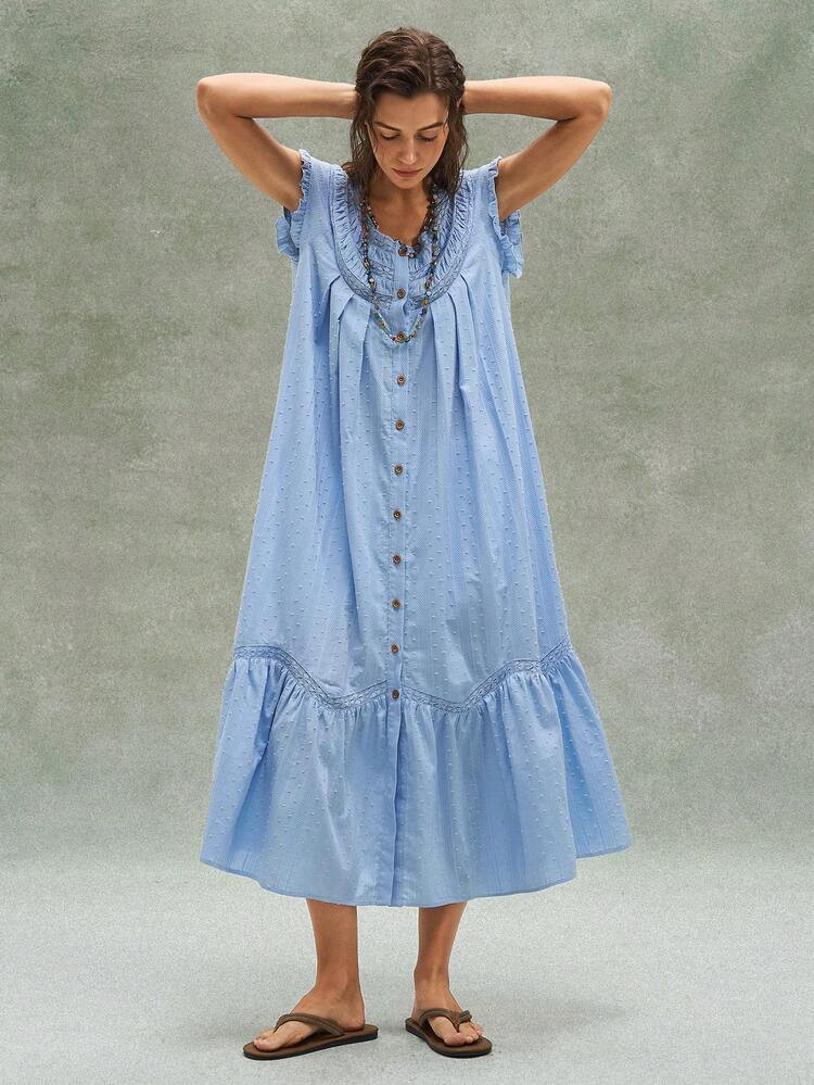 Bohemela Women's Long Dress,Light Blue,Summer,Boho,Holiday,Vacation,Holiday,Woven Jacquard,Lace T... | SHEIN