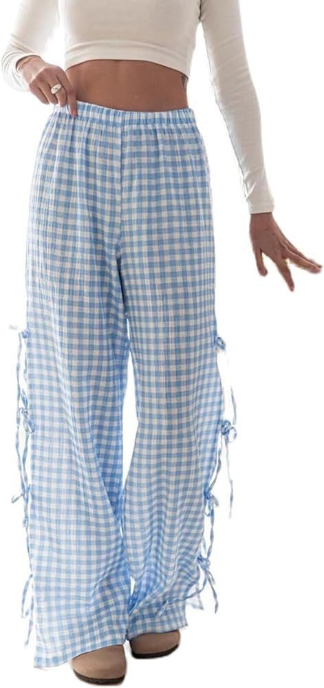 Women Y2K Plaid Pants Tie Side Wide Leg Lounge Pants Elastic High Waist Pinstripe Gingham Pajama ... | Amazon (US)