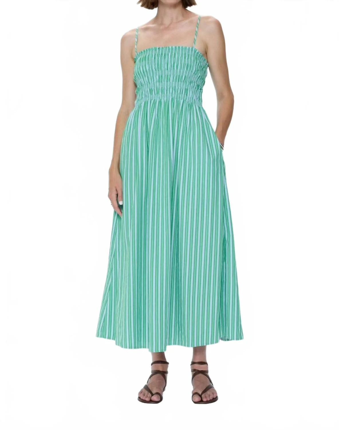 Bianca Shirred Bodice Dress In Green Blue Stripe | Shop Simon