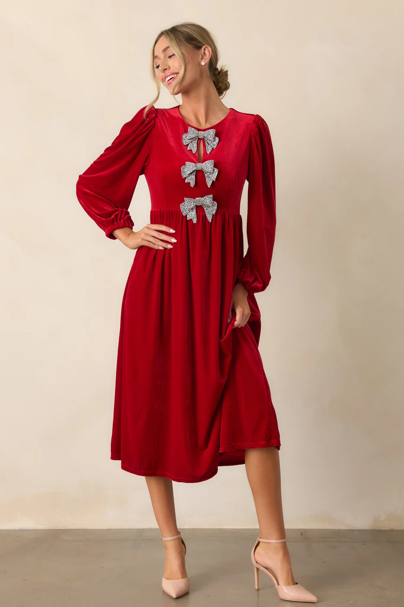 Moments To Treasure Red Velvet Midi Dress | Red Dress