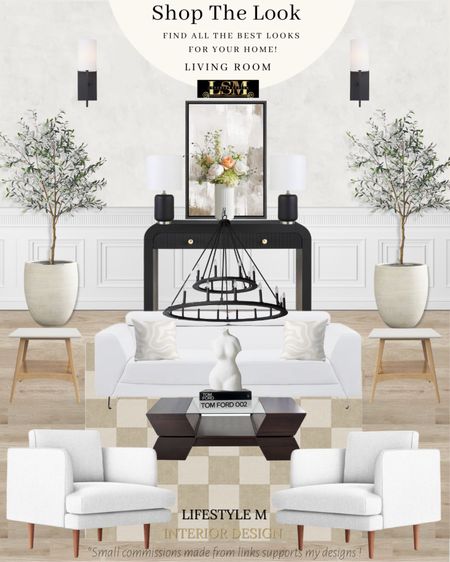 Transitional, modern farmhouse living room. Beige checkered rug, white sofa, white upholstered accent chair, black glass coffee table, beige modern throw pillow, wood end table, white tree planter pot, realistic fake tree, black table lamp, round wheel chandelier, beige abstract wall art, black console table, black wall sconce, tom ford decor book, table statue decor.

#LTKstyletip #LTKFind #LTKhome