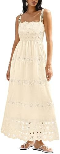 dowerme Womens Spaghetti Strap Eyelet Cotton Boho Maxi Dress | Summer Casual Square Neck Smocked ... | Amazon (US)