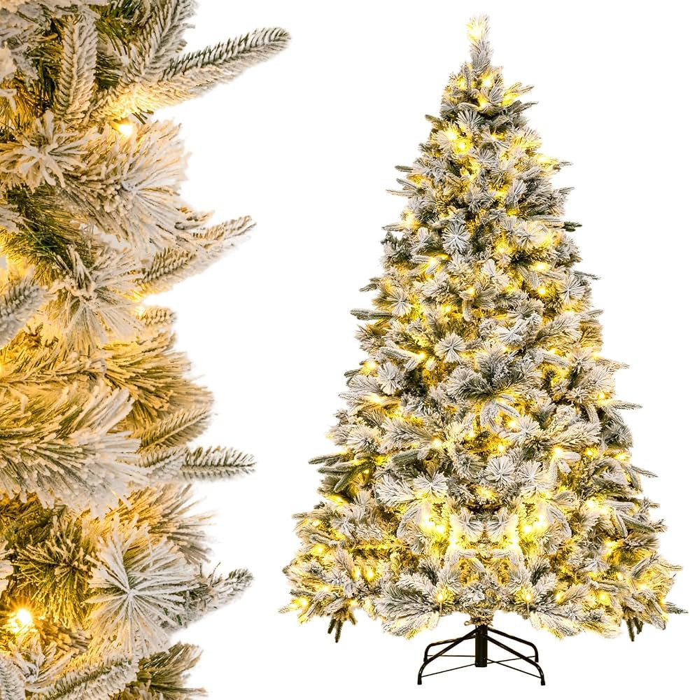 Goplus 7ft Pre-Lit Snow Flocked Artificial Christmas Tree, Hinged Xmas Tree with 300 Warm-White L... | Amazon (US)