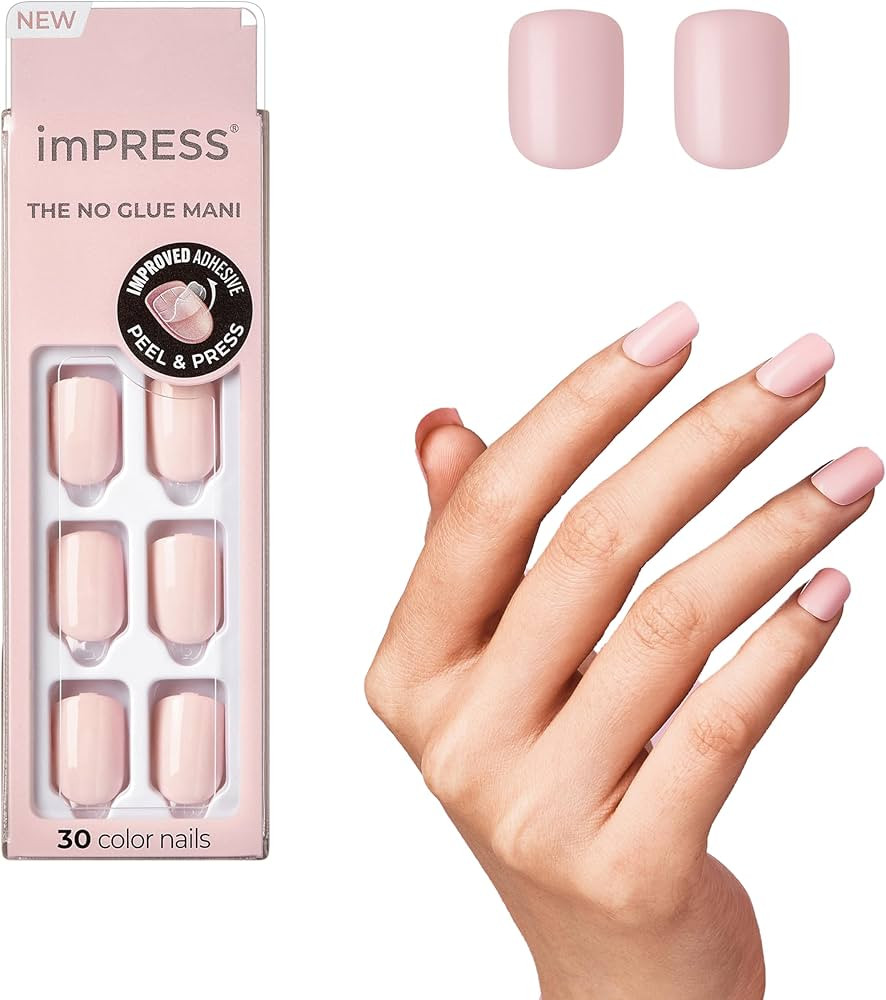 KISS imPRESS No Glue Mani Press On Nails, Color, 'Pick me Pink', Pink, Short Size, Squoval Shape,... | Amazon (US)