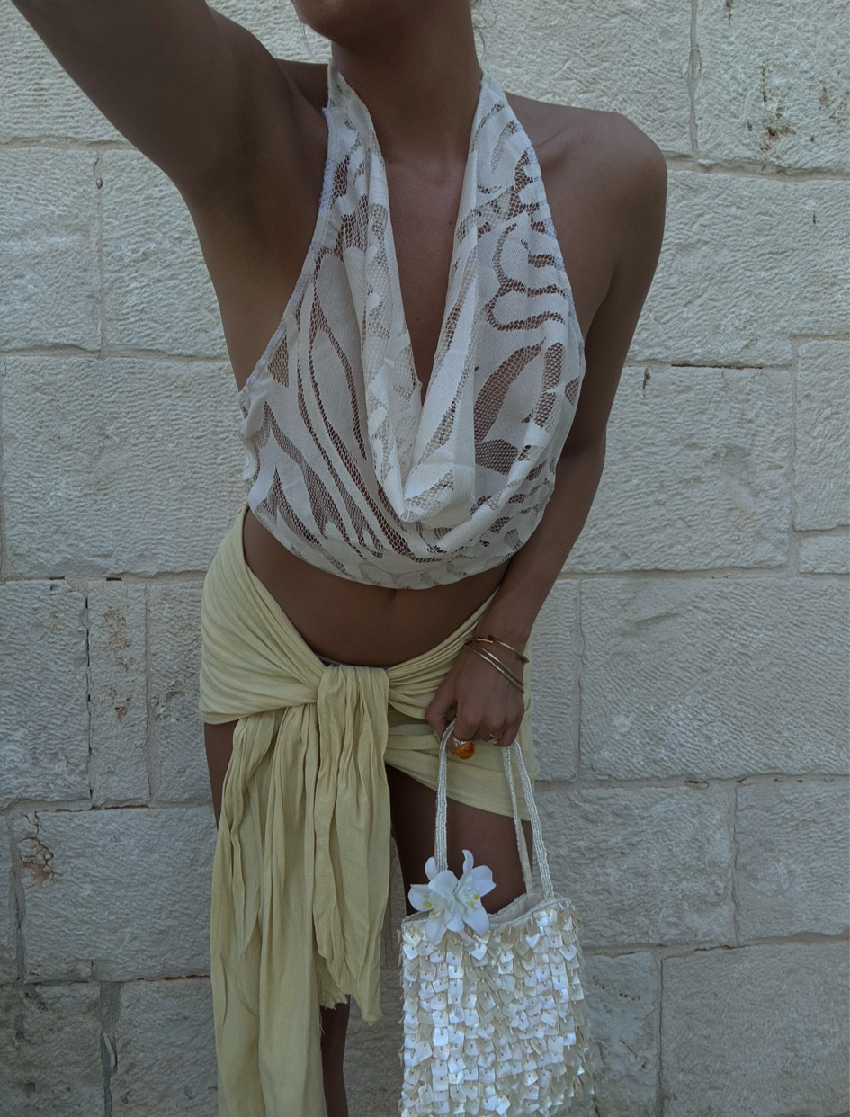 Ego, Mango, summer outfit, holiday outfit, halterneck top, cowl neck top, white top, yellow skirt, mini skirt, linen skirt, tie side skirt, pearl bag, shell bag, summer outfits, holiday outfits 

#LTKsummer #LTKstyletip #LTKeurope