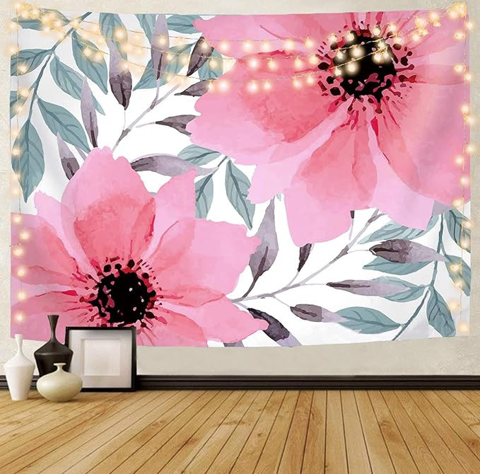 Plants Floral Tapestry Wall Hanging, Pink Flowers and Green Leaves on White Background Tapesties,... | Amazon (US)