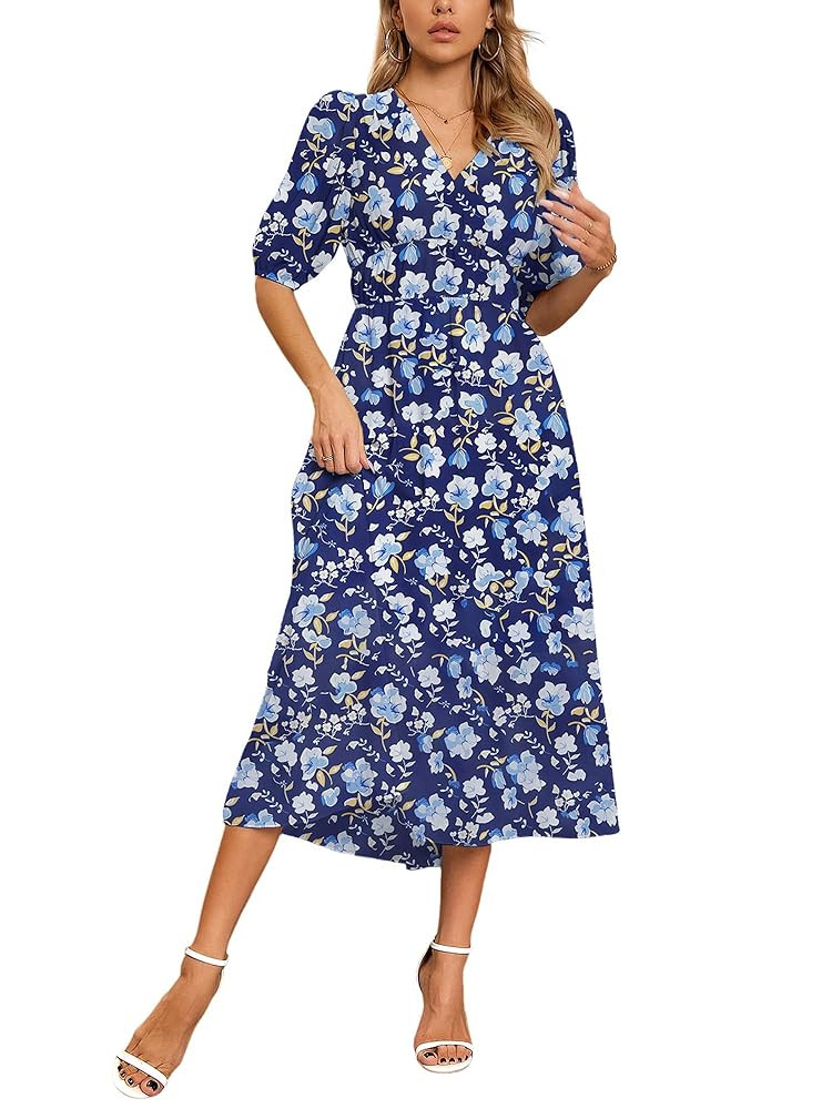 Womens Floral Flowy Wrap V Neck Midi Dress Short Sleeve Elastic Waist Casual Spring Summer Dresse... | Amazon (US)