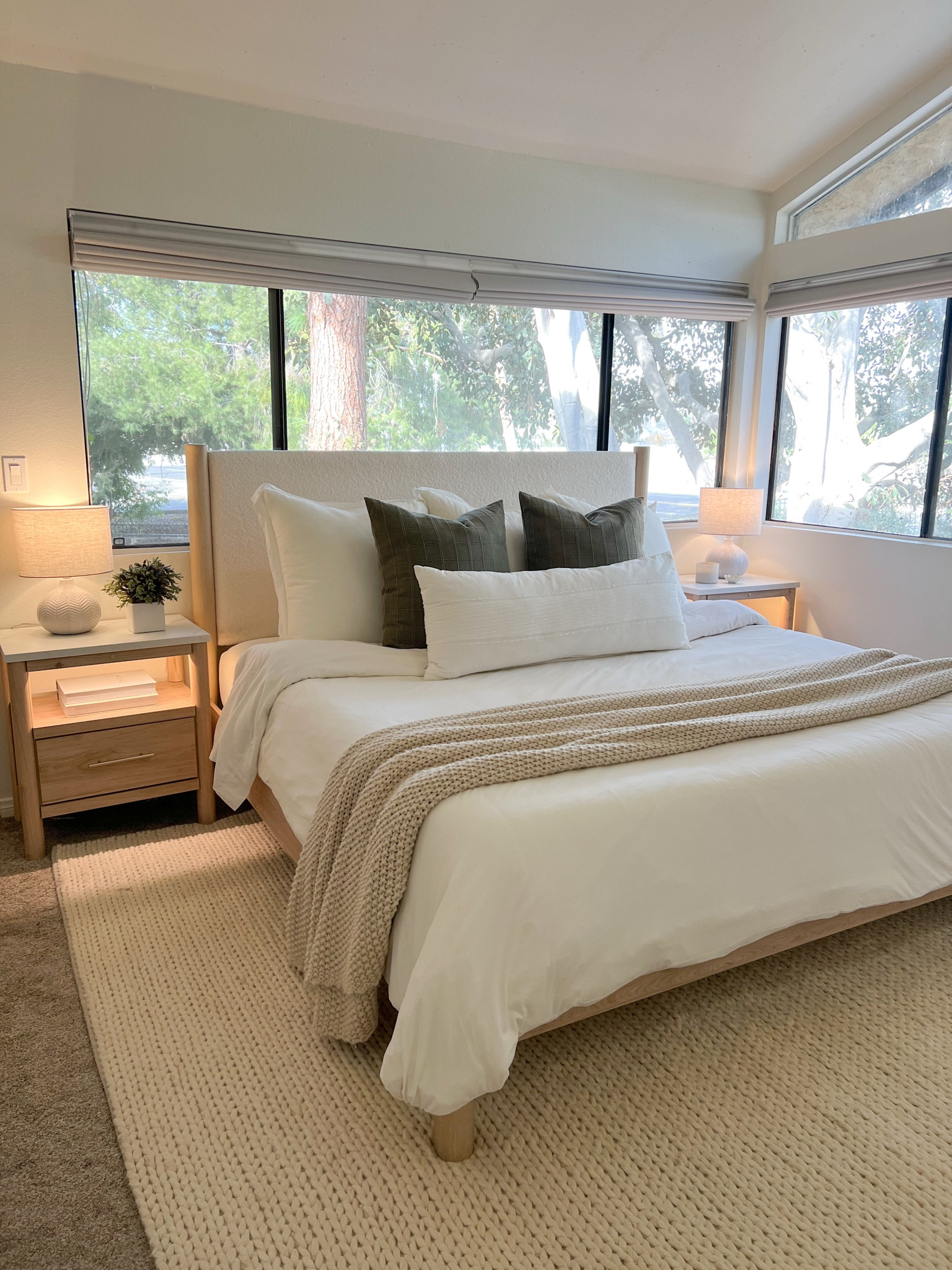 Neutral bedding, organic modern bedroom, white duvet, green throw pillows, knit throw blanket, Target bedding 

#LTKHome