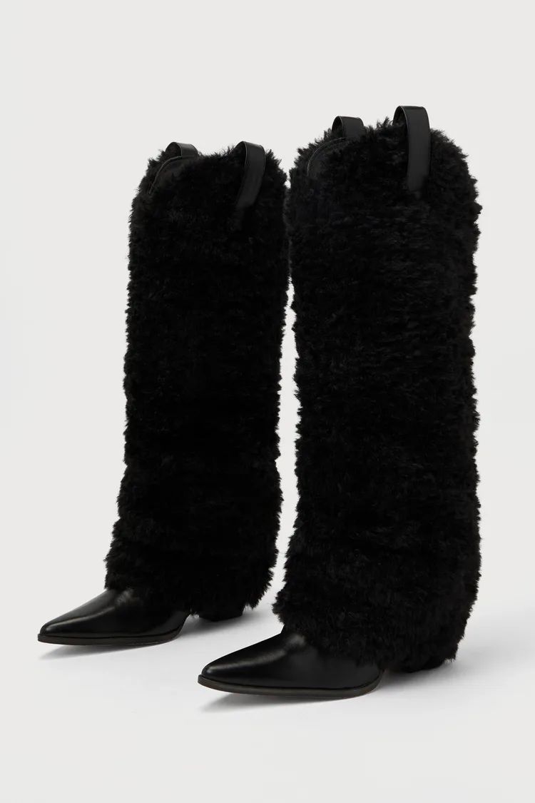 Loreta Black Faux Fur Foldover Knee-High Boots | Lulus (US)