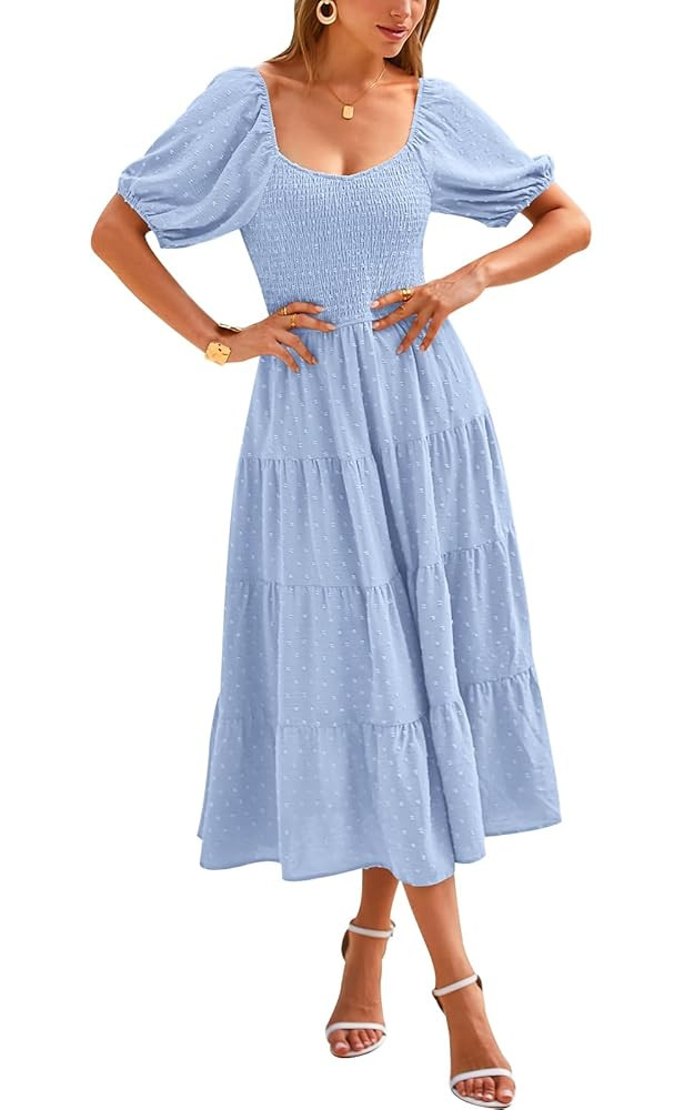 PRETTYGARDEN Women's Spring Dresses 2025 Puff Sleeve V Neck Swiss Dot High Waist Chiffon Dress Ti... | Amazon (US)