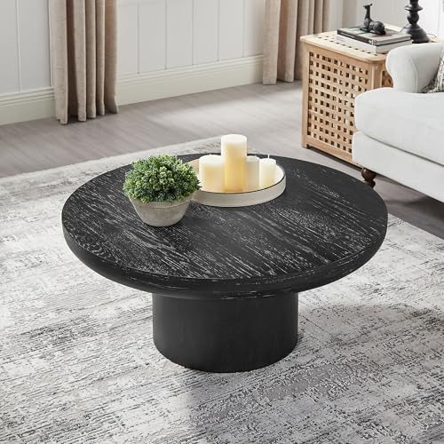 BSYEIO 35.98'' Round Coffee Table, Circle Wood Black Coffee Table for Living Room, Modern Retro Style Pedestal Coffee Table, Easy Assembly, Black-ø35.98'' | Amazon (US)