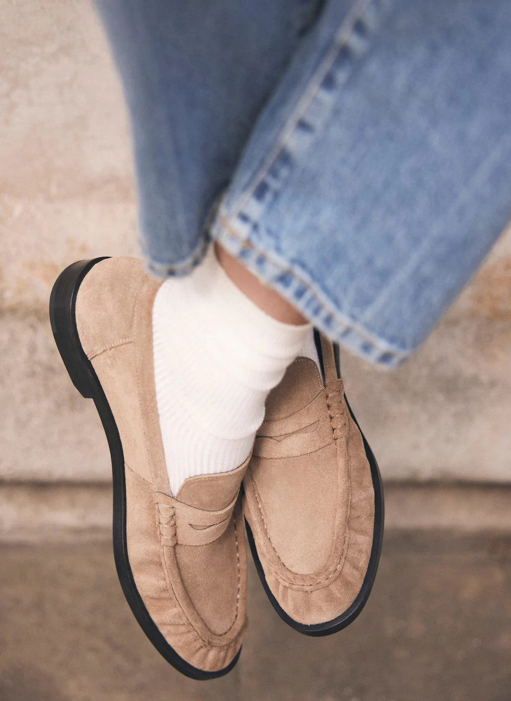 Gigi Neutral Suede Penny Loafers | Mint Velvet