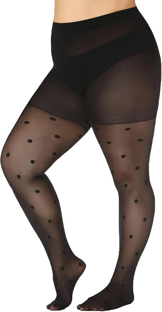 WiliW Polka Dot Plus Size Tights for Women, 40D Patterned Tights High Waist Control Top Black She... | Amazon (US)