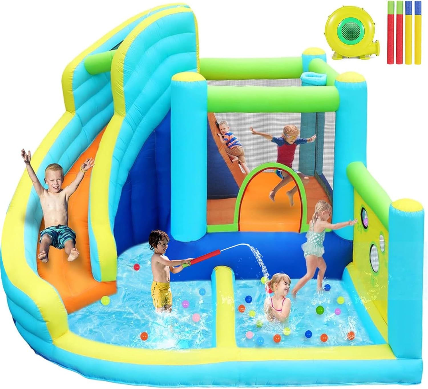 FBSPORT Inflatable Bounce House, Water Slide Park Slide Bouncer with Ball Shooting, Climbing Wall... | Amazon (US)