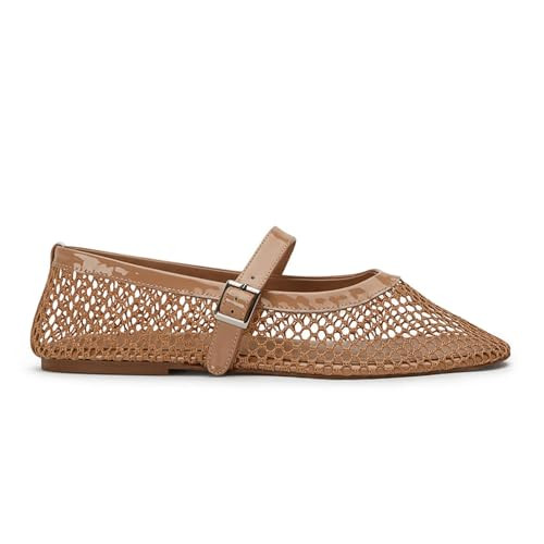 Mesh Ballet Flats for Women Fashion Round Toe Fishnet Ballerina Flats Buckle Strap Mary Jane Shoes Comfy Casual Office Daily Dress Mesh Shoes A-Brown | Amazon (US)