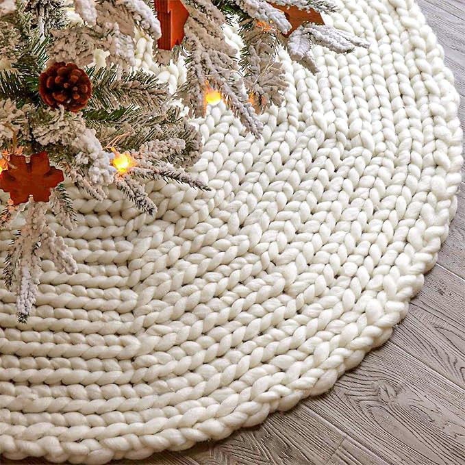 LimBridge Knitted Christmas Tree Skirt: 48 Inches Crochet Cream White Tree Skirt, Chunky Knit Thi... | Amazon (US)