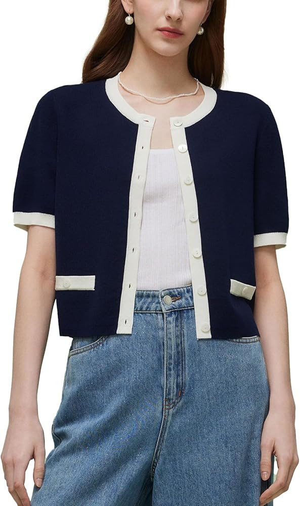 Womens Casual Summer Short Sleeve Cardigans Lyocell Blend Contrast Trim Button Down Knitted Light... | Amazon (US)