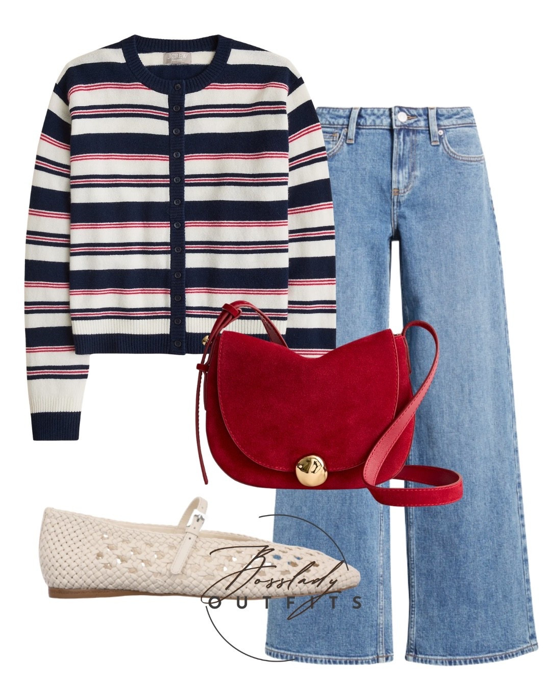 The ultimate everyday spring uniform is here! ⚓️❤️ You can never go wrong with a classic striped cardigan paired with flattering light-wash wide-leg denim. I love adding a bold pop of color with this stunning red suede crossbody bag, finished off with the most comfortable woven Mary Jane flats. It's the perfect mix of casual and chic for weekend coffee runs or casual workdays!

#LTKbag #LTKshoes #LTKstyletip