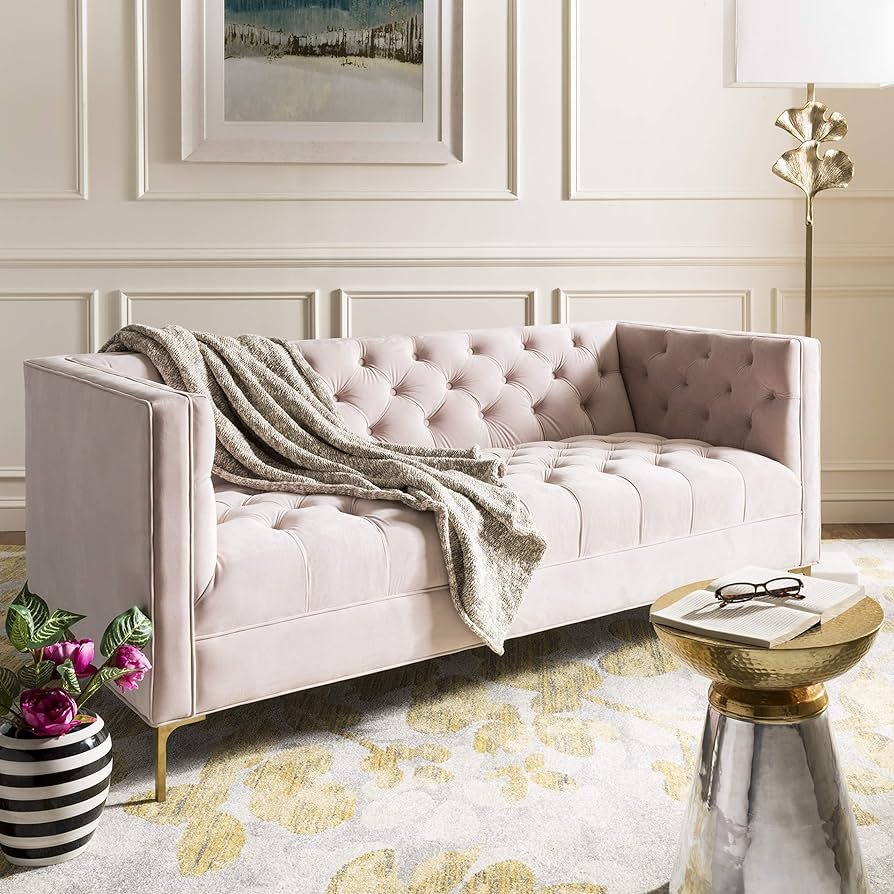 Safavieh Couture Home Vydia Glam Blush Pink Velvet and Gold Tufted Sofa | Amazon (US)