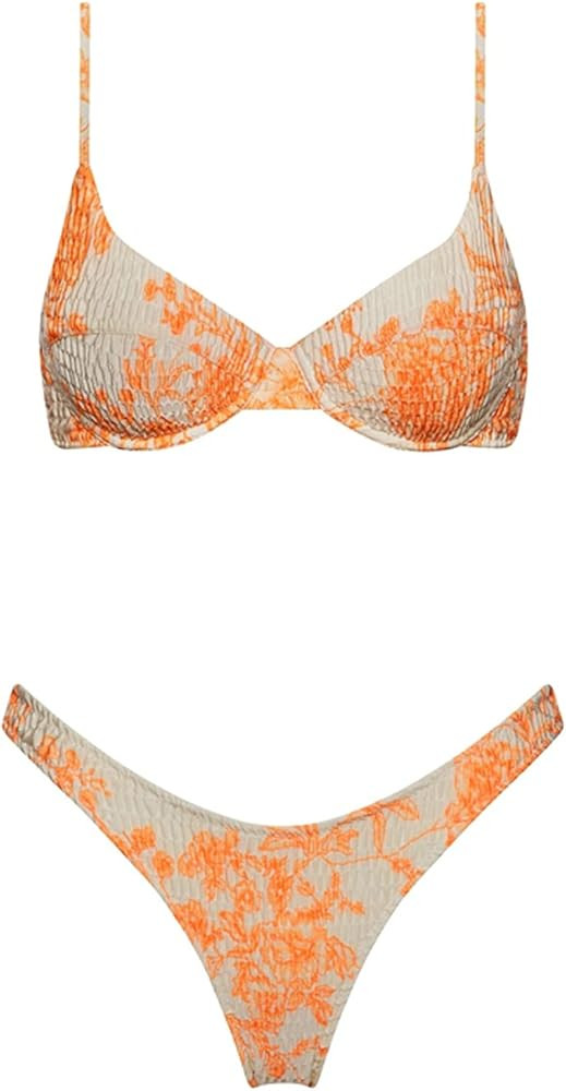 VOLAFA Women's Triangle Bikini Set Textured Frilled Smocked Ruched Push Up Swimsuit Two Piece Bat... | Amazon (US)