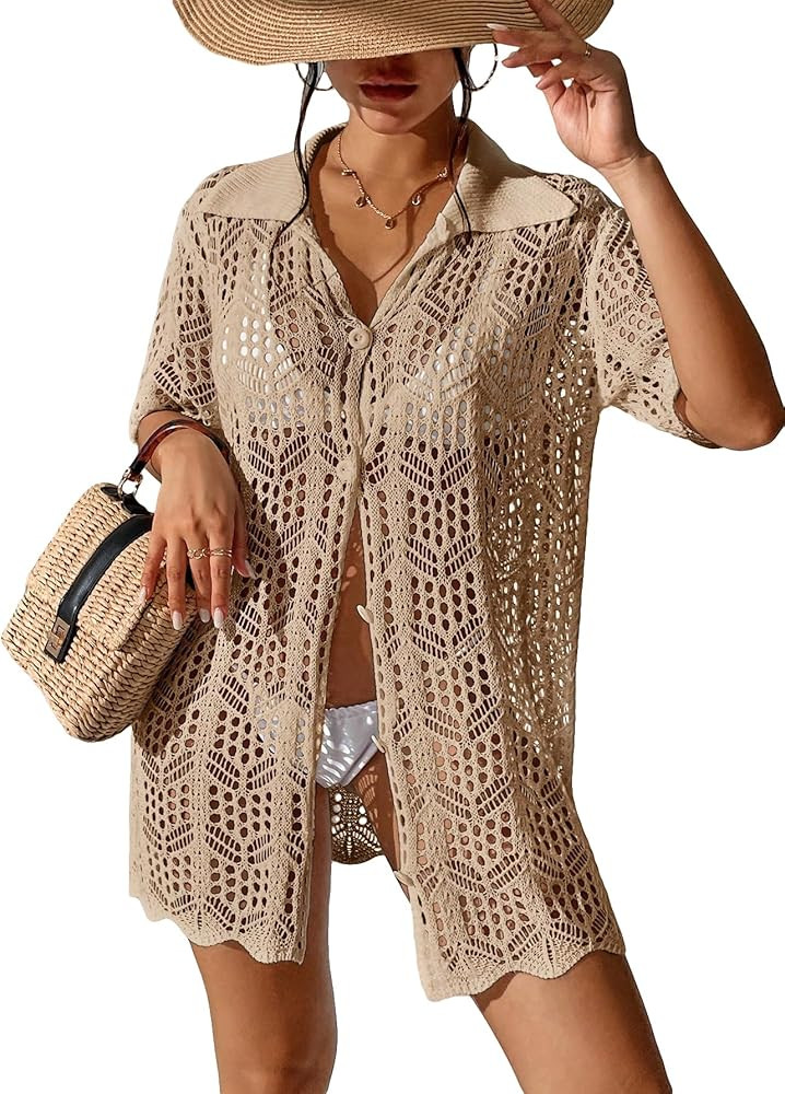 SOLY HUX Women's Button Down Hollow Out Crochet Swimsuits Cover Ups Kimono Short Sleeve Sheer Bea... | Amazon (US)