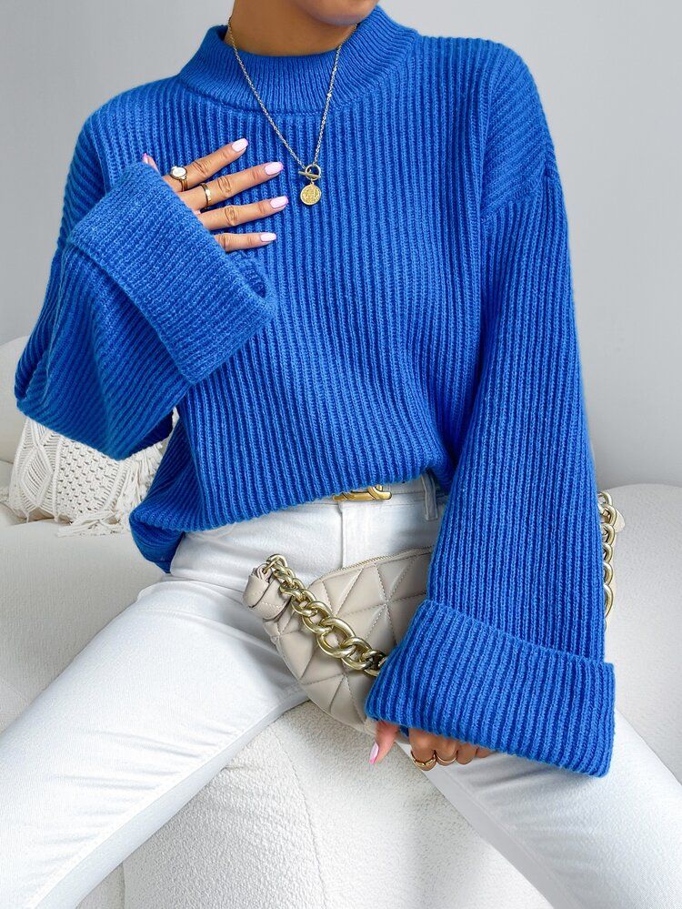 Mock Neck Ribbed Knit Drop Shoulder Sweater | SHEIN