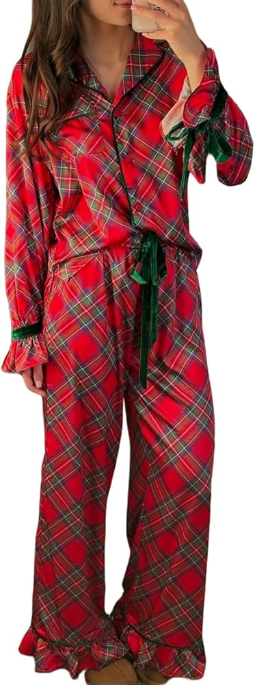 Sastianaen Cute Satin Pajama Set for Women Silk Bow Tie Long Sleeve Shirt and Pants 2 Piece Sleep... | Amazon (US)