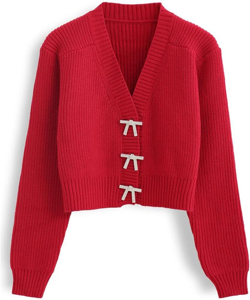 CHICWISH Women's White/Red/Black/Pink/Mint Bowknot Brooch Button Up Crop Knit Cardigan | Amazon (US)