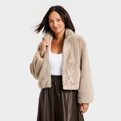 Women's Faux Fur Zip-Up Jacket - A New Day™ Light Gray Wash L | Target