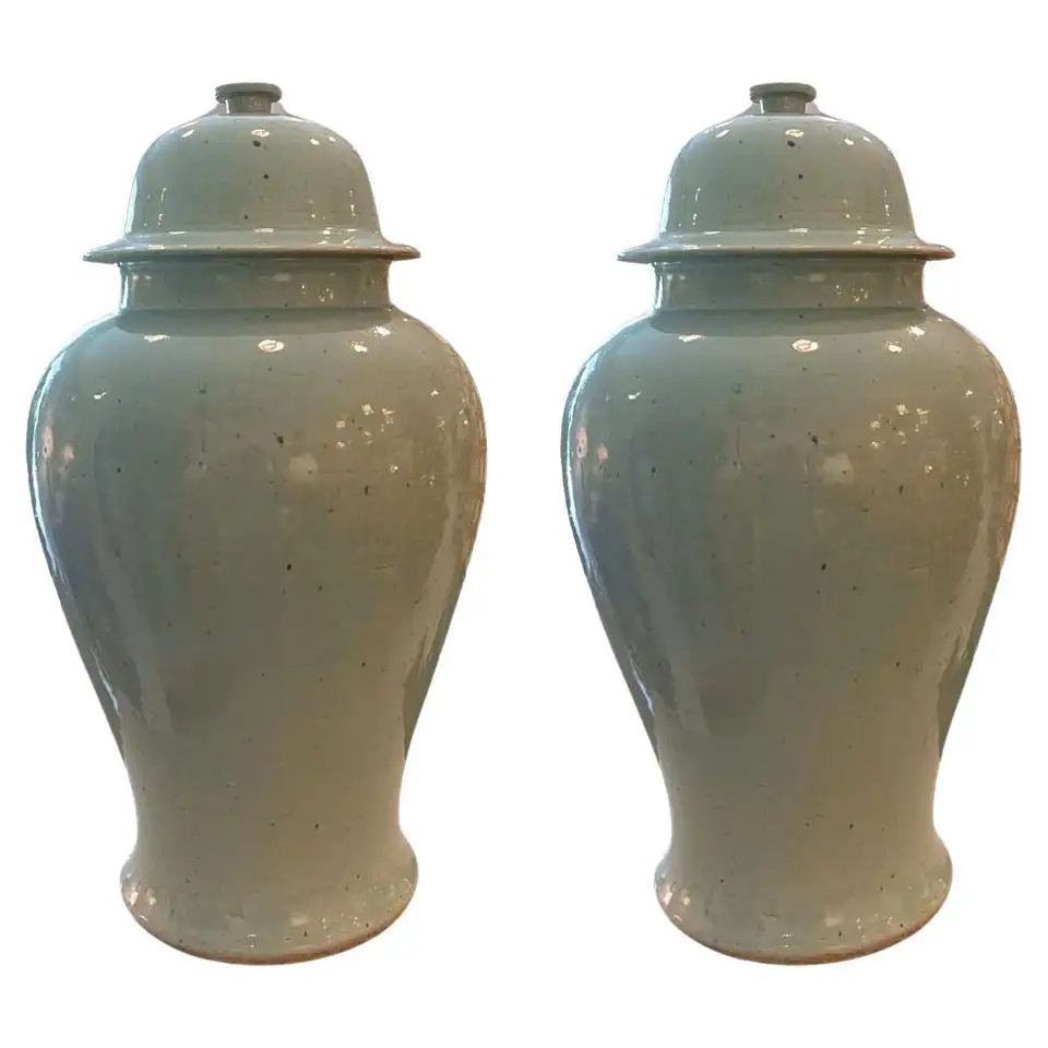 Pair of Celadon Vase Ginger Jars | 1stDibs