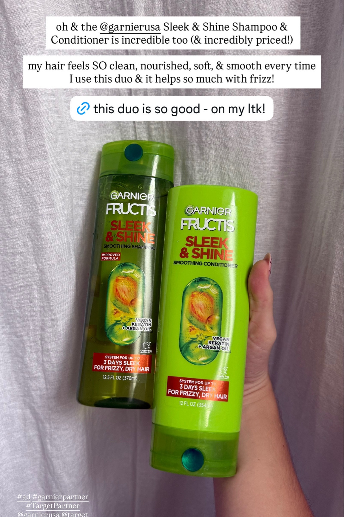 #ad oh & the @garnierusa Sleek & Shine Shampoo & Conditioner is incredible too (& incredibly priced!)
my hair feels SO clean, nourished, soft, & smooth every time I use this duo & it helps so much with frizz! #garnierpartner #TargetPartner @Target 

#LTKdayinmylife #LTKgrwm #LTKBeauty