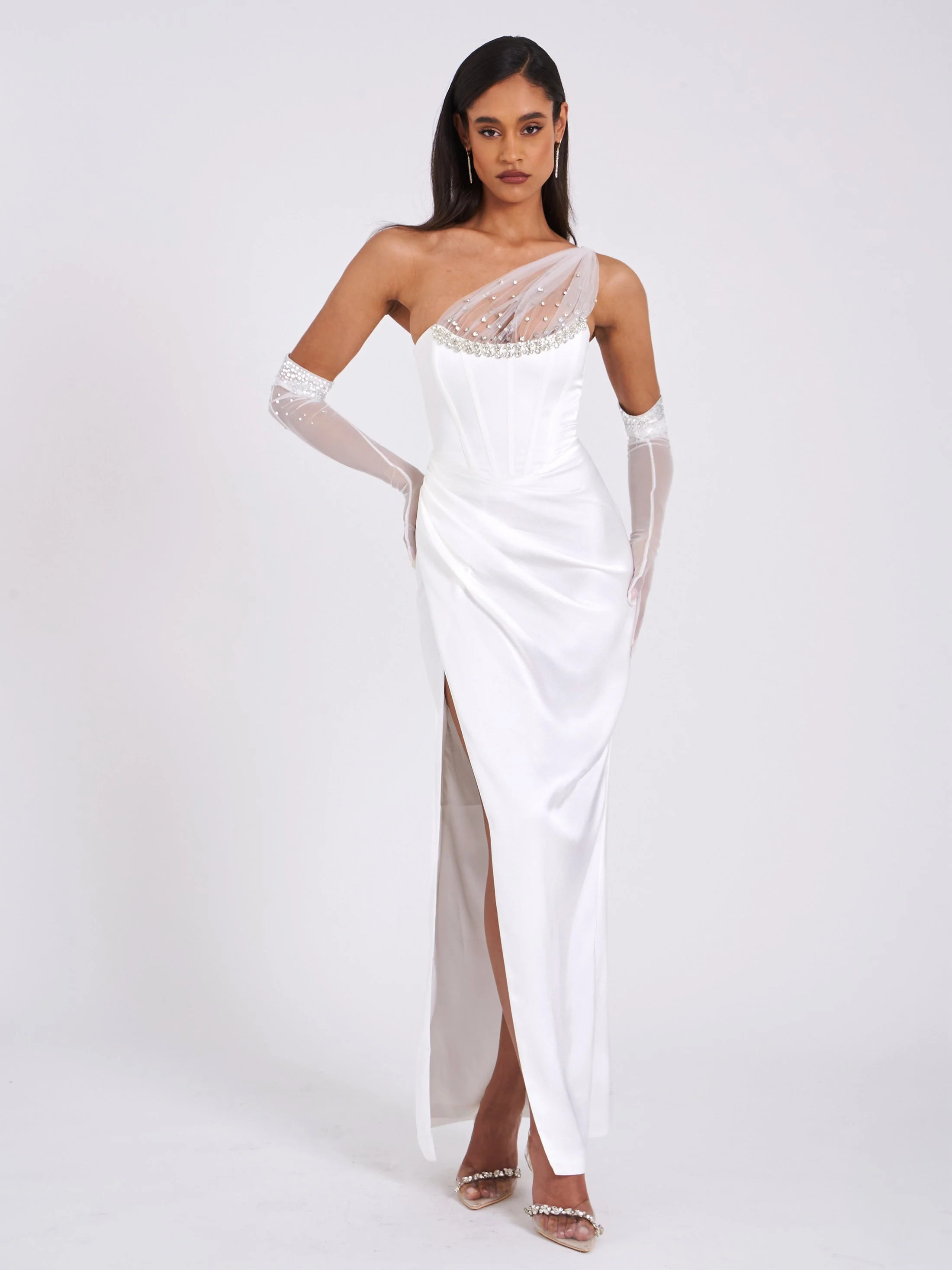 Miss Circle Women Lora White Crystal Embellished Mesh Satin Corset Gown | Shop Simon