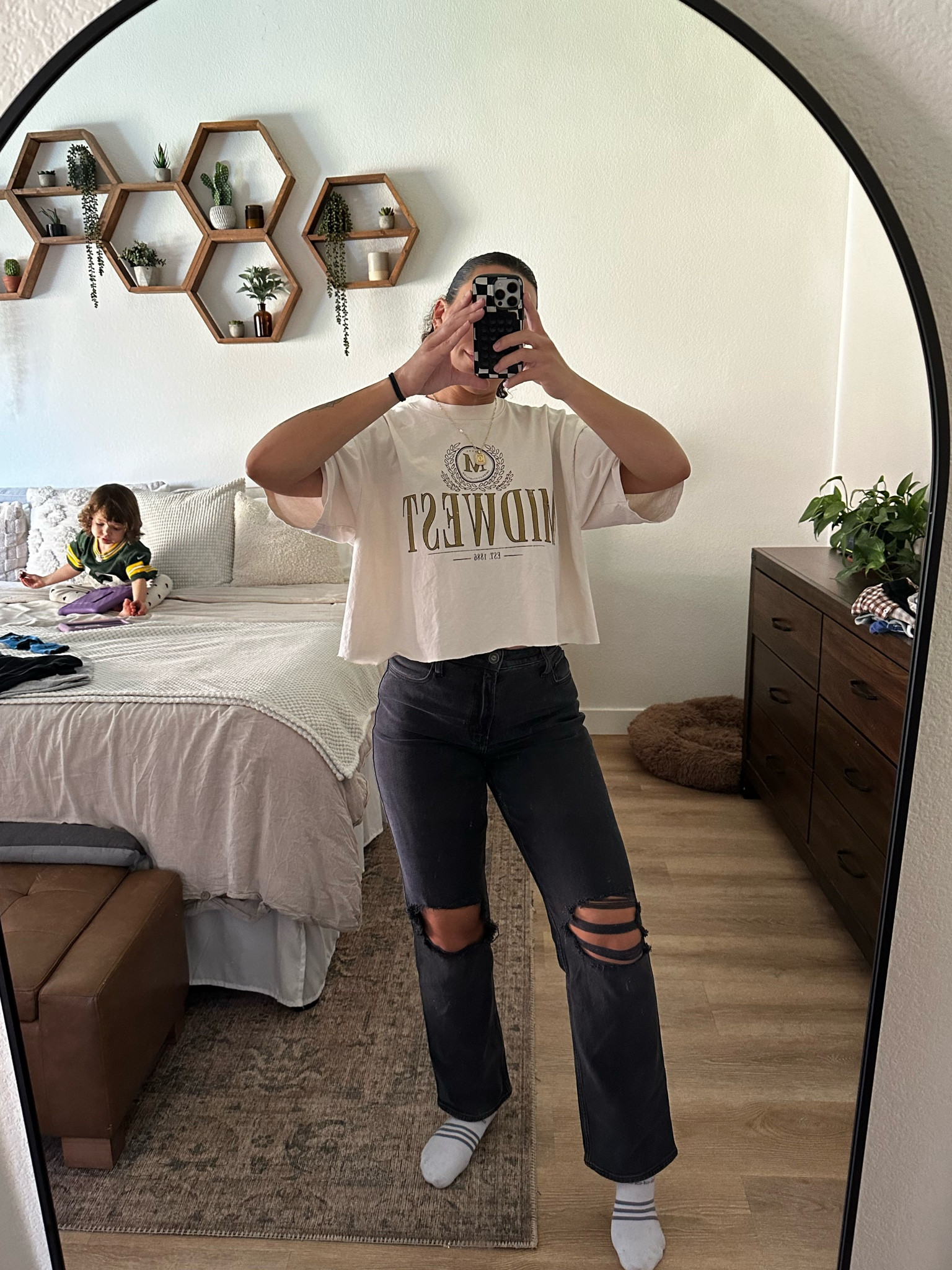 Midwest Tee (I cropped it) : TTS Medium baggy 
Jeans : TTS with lots of stretch 4/27L -only $25 and fit like Abercrombie Curve Loves (fyi Abercrombie owns Hollister)!!!
Toddler eating chocolate & with her tablet : mom needed a break 😅 
Hollister Haul , Hollister Jeans , hollister denim , don’t sleep on hollister , tall jeans , petite jeans , black jeans , straight jeans , easy outfit , mom outfit , everyday outfit , fall outfit , winter outfit , affordable outfit 

#LTKsalealert #LTKU #LTKSeasonal